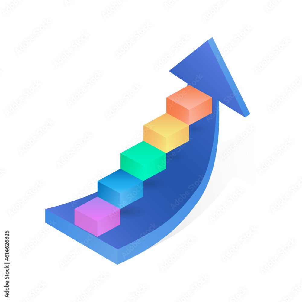 Business infographic in the form of a staircase located on a curved and upward arrow. 3 D. Vector in