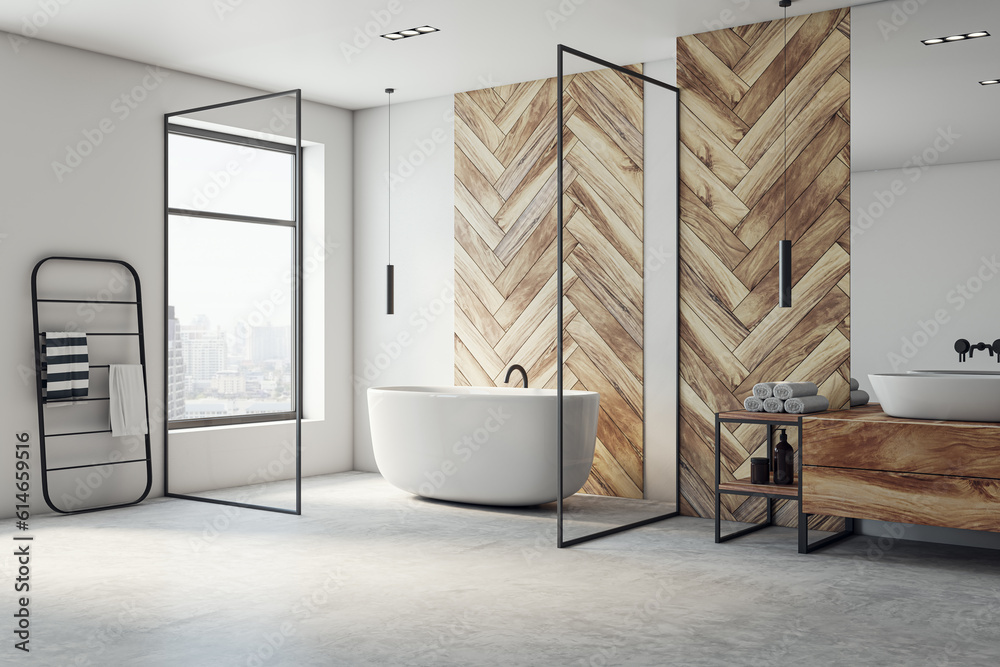 Perspective view of modern loft bathroom interior design with concrete grey floor, white and wooden 