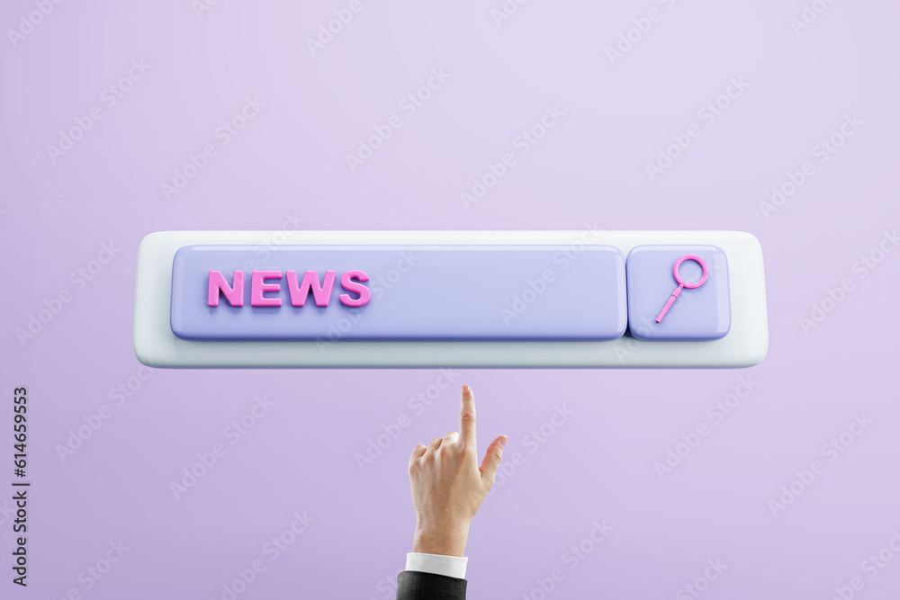 Businessman hand pointing at creative digital search bar with magnifier on purple background. SEO an