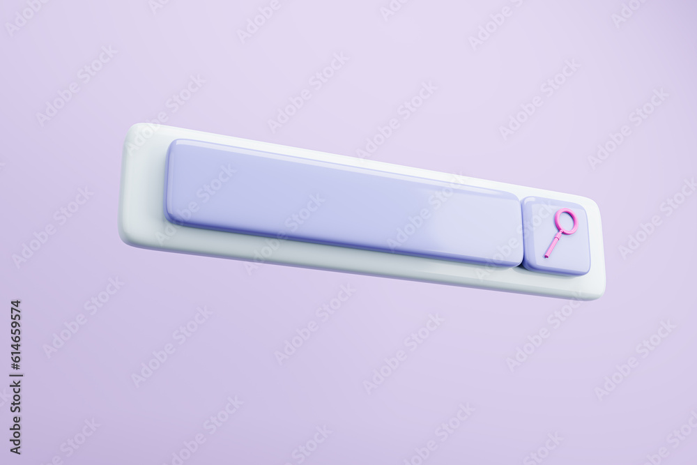 Creative digital search bar with magnifier on purple background. SEO and searching concept. 3D Rende