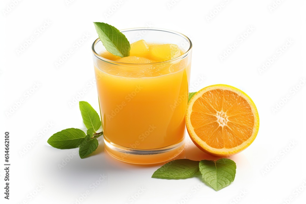 Glass of 100% Orange juice with green leaves isolated on white background. Fresh Orange Generative a