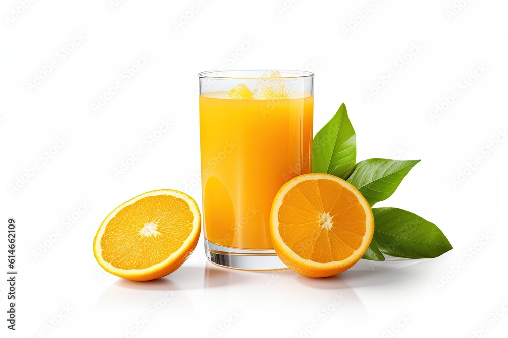 Glass of 100% Orange juice with green leaves isolated on white background. Fresh Orange Generative a