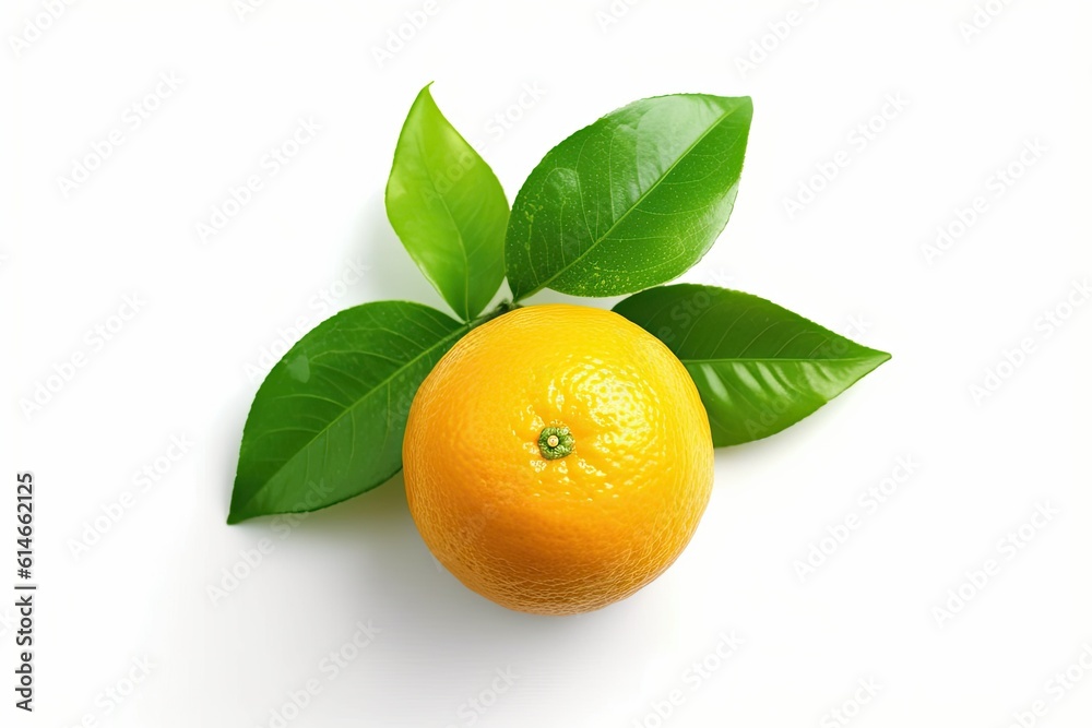 Orange with cut in half and green leaves isolated on white background. Orange juice. Generative ai