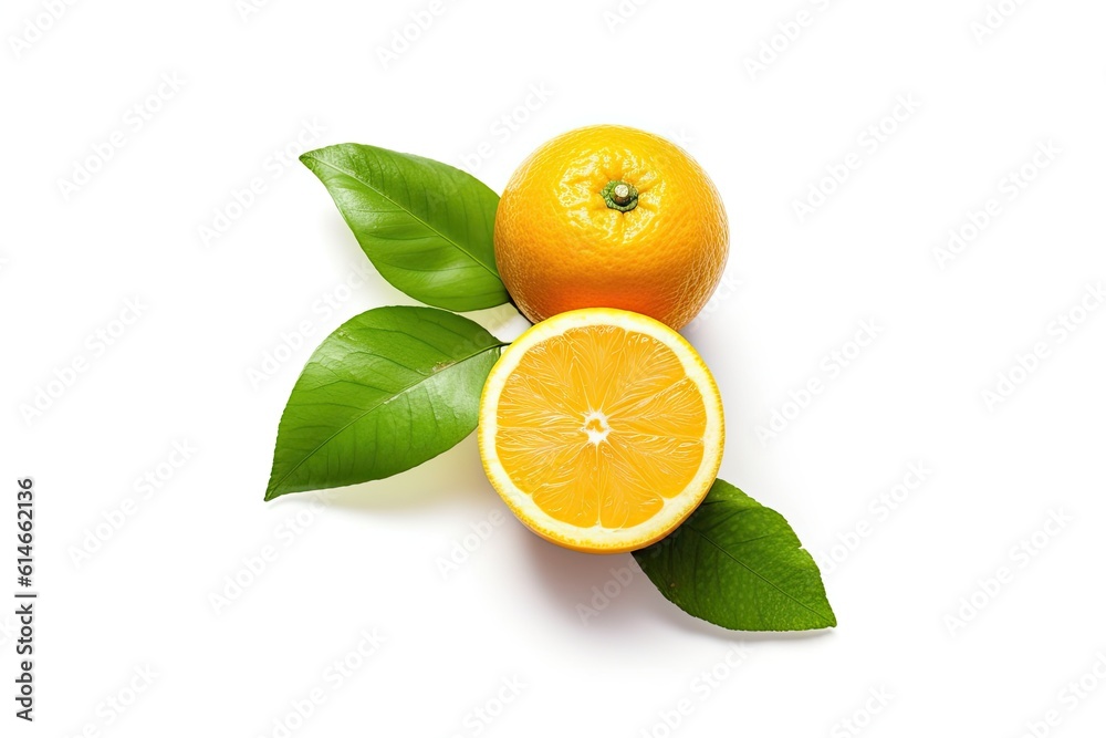 Orange with cut in half and green leaves isolated on white background. Orange juice. Generative ai