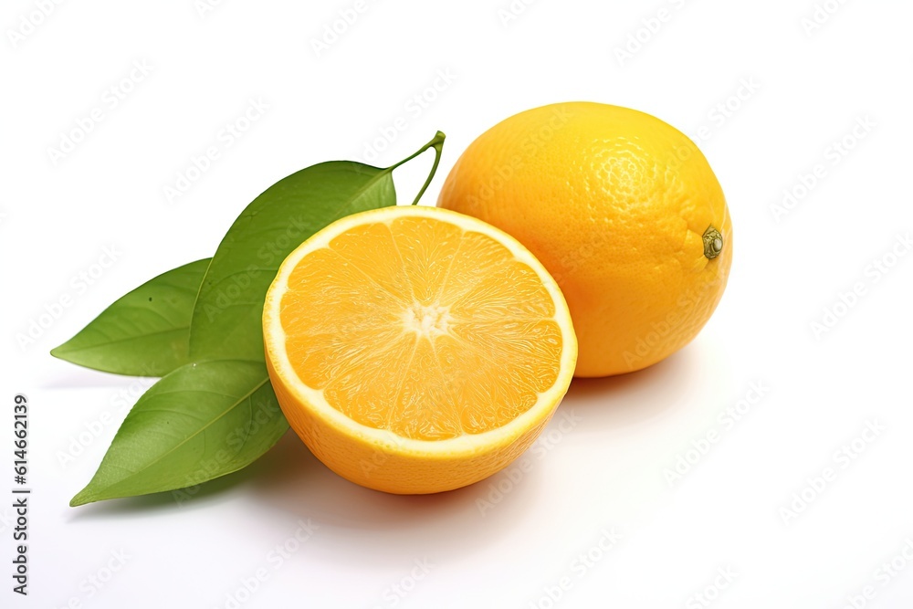 Orange with cut in half and green leaves isolated on white background. Orange juice. Generative ai