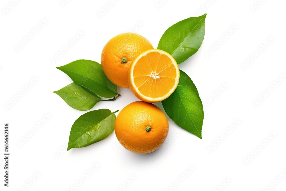 Orange with cut in half and green leaves isolated on white background. Orange juice. Generative ai