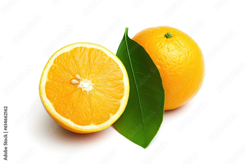 Orange with cut in half and green leaves isolated on white background. Orange juice. Generative ai