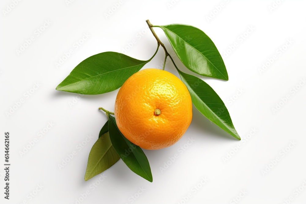 Orange with cut in half and green leaves isolated on white background. Orange juice. Generative ai