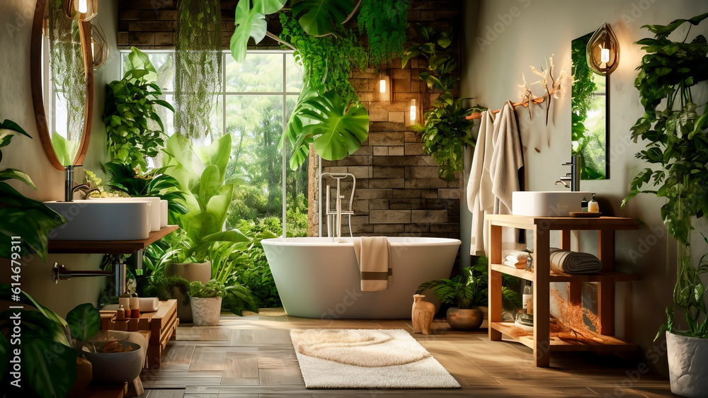 Bathroom interior design with bathtub and plants. Biophilic design. Generative AI.