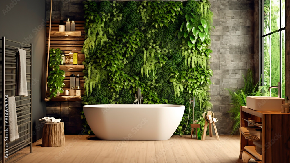 Bathroom interior with green plants. Biophilic design. Generative AI.