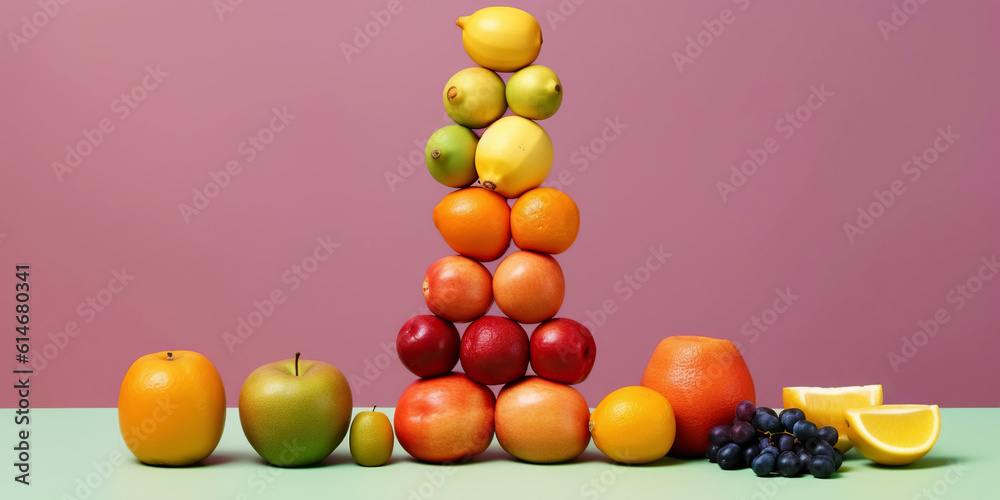 Equilibrium food balance diet concept. Balancing pyramid or tower of fruits. Generative AI