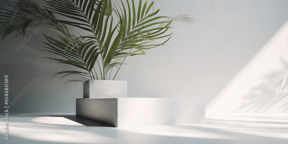 White product display podium with nature palm leaves. Generative AI