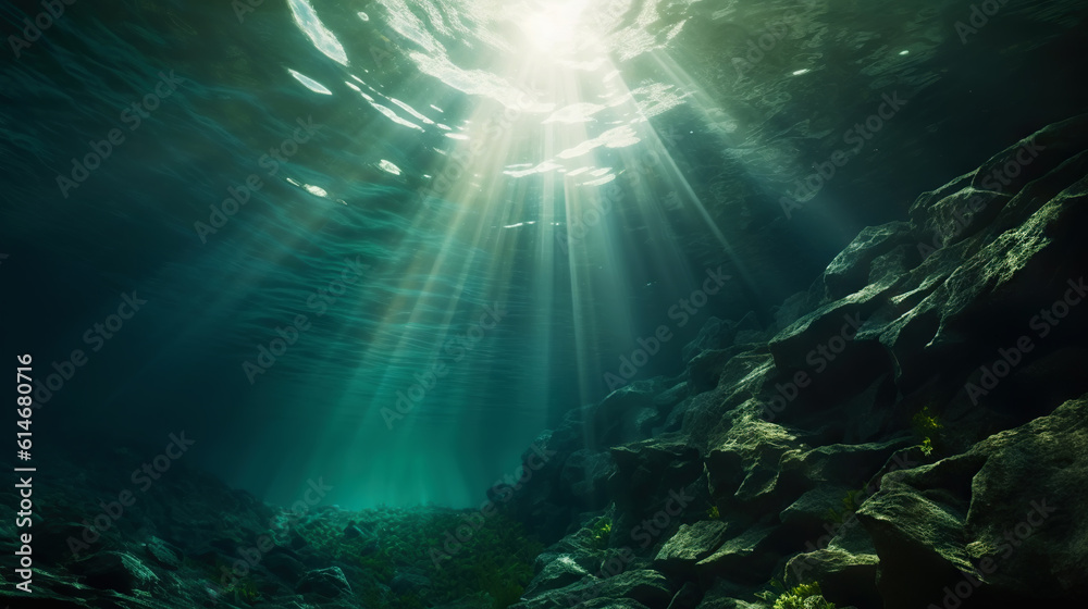 Underwater sunlight through the water surface seen from a rocky seabed with algae. Generative AI