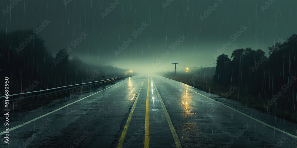 Minimalistic wet road and rain. Wet empty highway. Generative AI