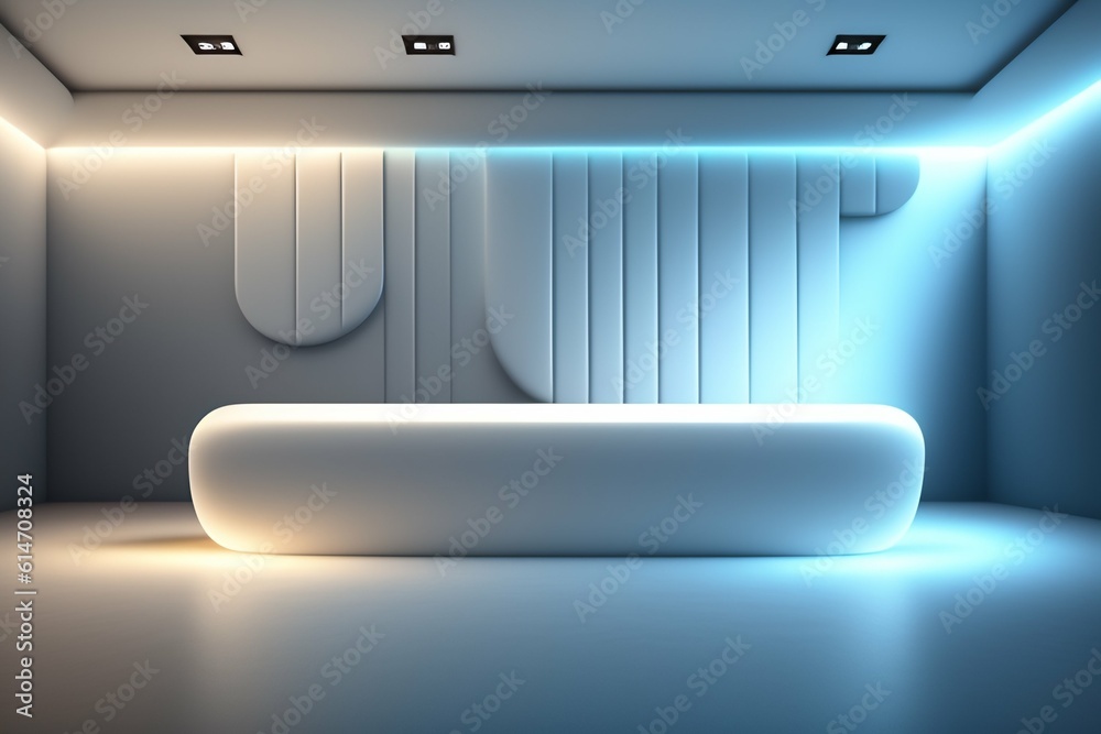 Beautiful futuristic background for presentation with modern podium, textured white wall and neon ba