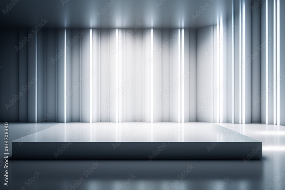 Beautiful minimalist background with gray podium, textured wall and neon lights for product presenta