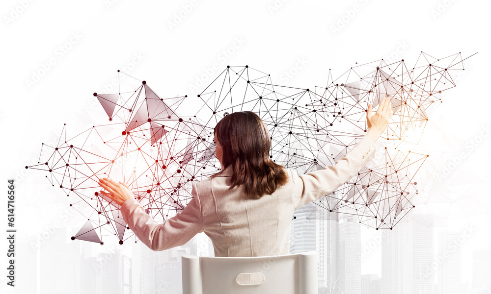 Businesswoman finger pointing on abstract network