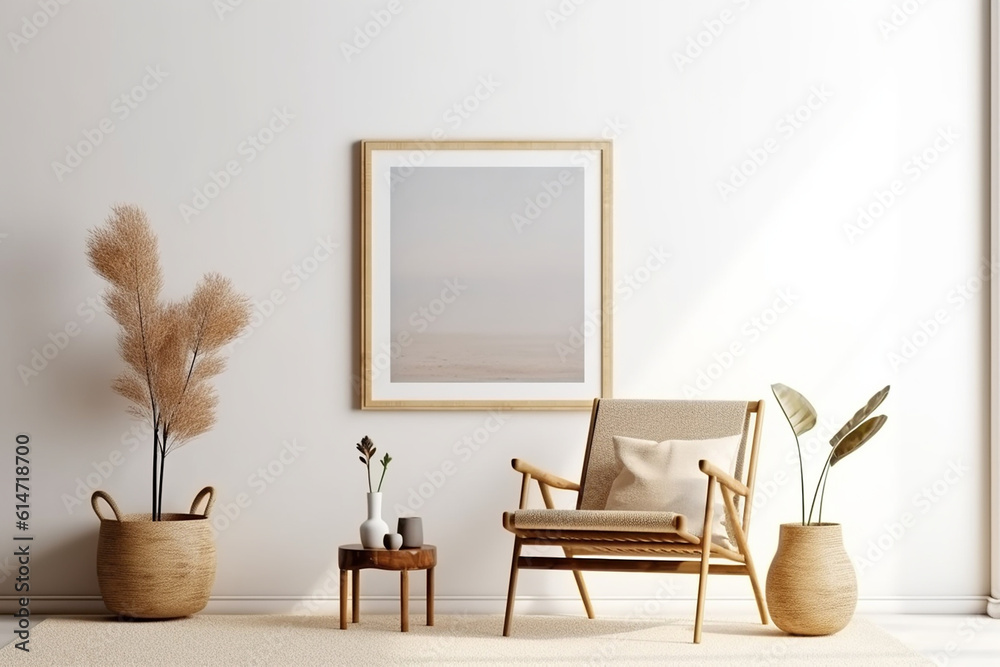 Blank picture frame mockup on gray wall. White living room design. generative AI