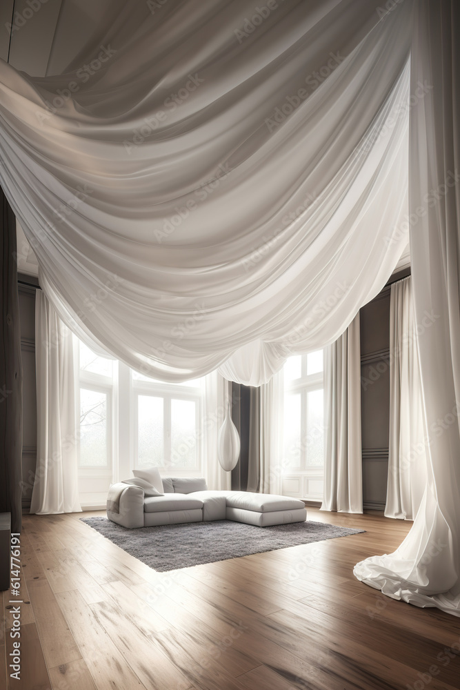 Home interior illustration with draped fabric ceiling. Home decor concept. Curtain window interior d