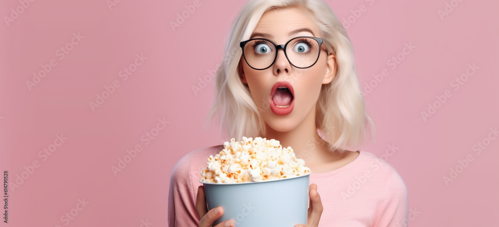 Blond girl watching tv or movie in cinema holding bowl of popcorn with shocked expression. Image gen