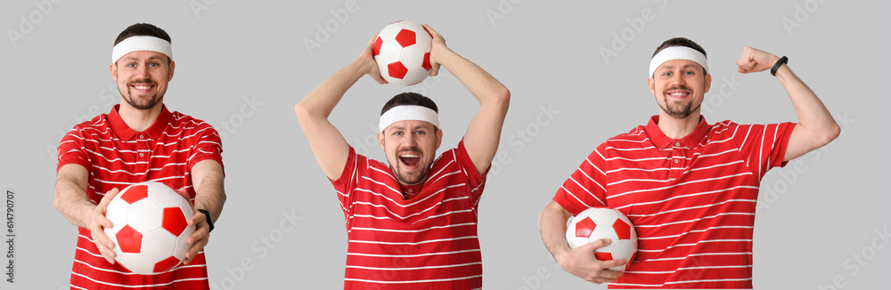 Happy man with soccer ball on light background