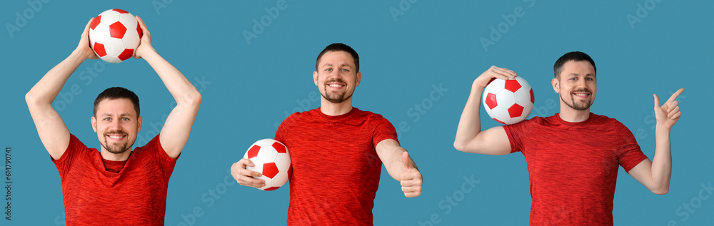 Happy man with soccer ball pointing at something on blue background