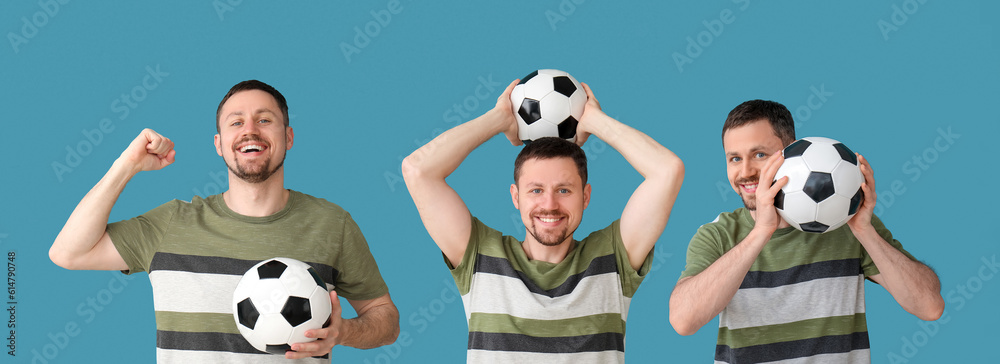 Man with soccer ball on blue background