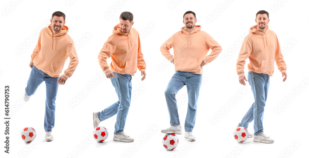 Man playing with soccer ball on white background