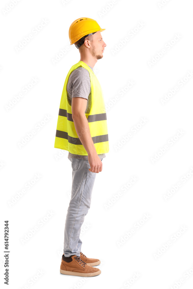 Male worker in vest and hardhat on white background