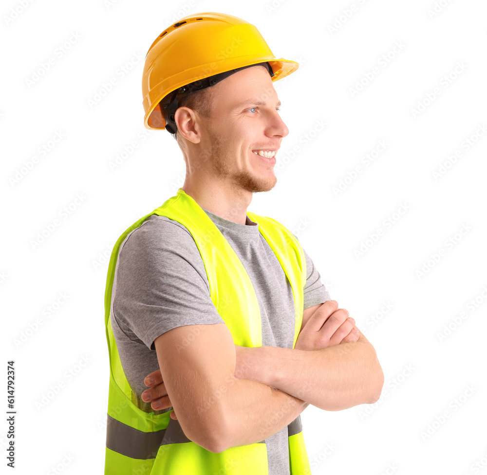 Male worker in vest and hardhat on white background