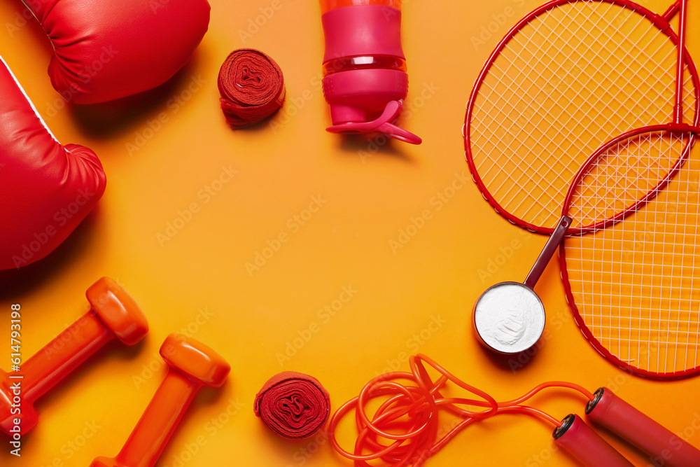 Frame made of sports equipment and amino acid supplement on color background