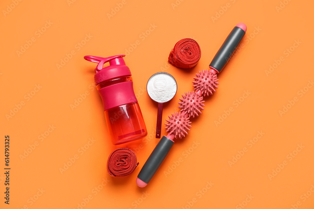 Sports equipment, bottle of water and amino acid supplement on color background