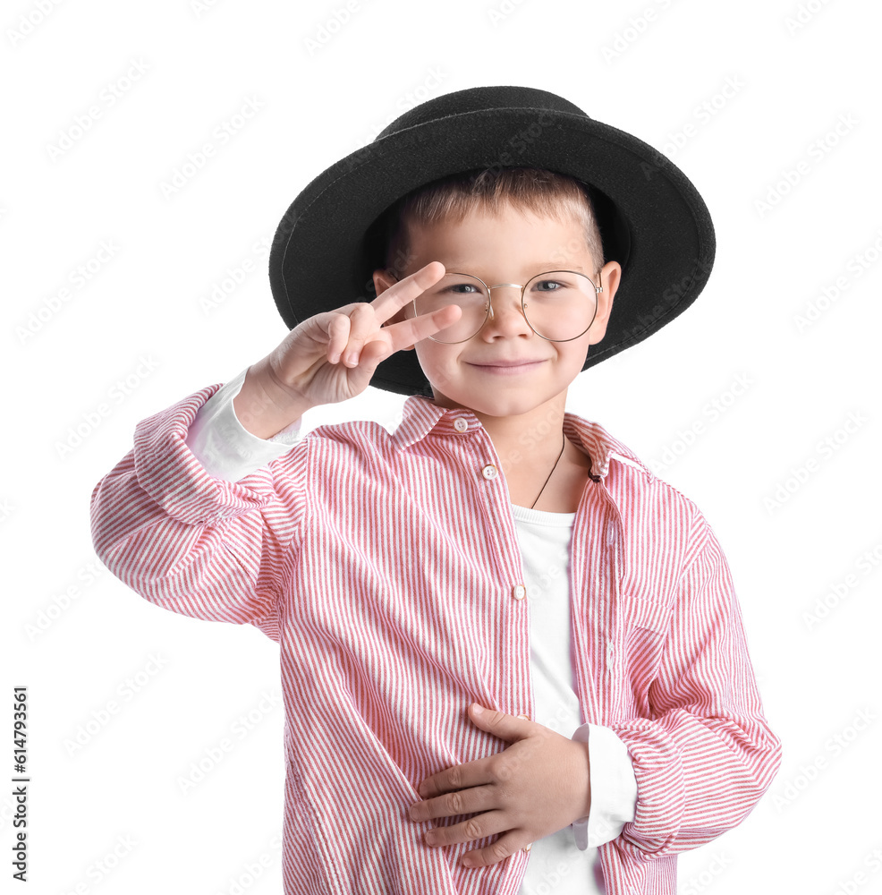 Cute little stylist showing victory gesture on white background