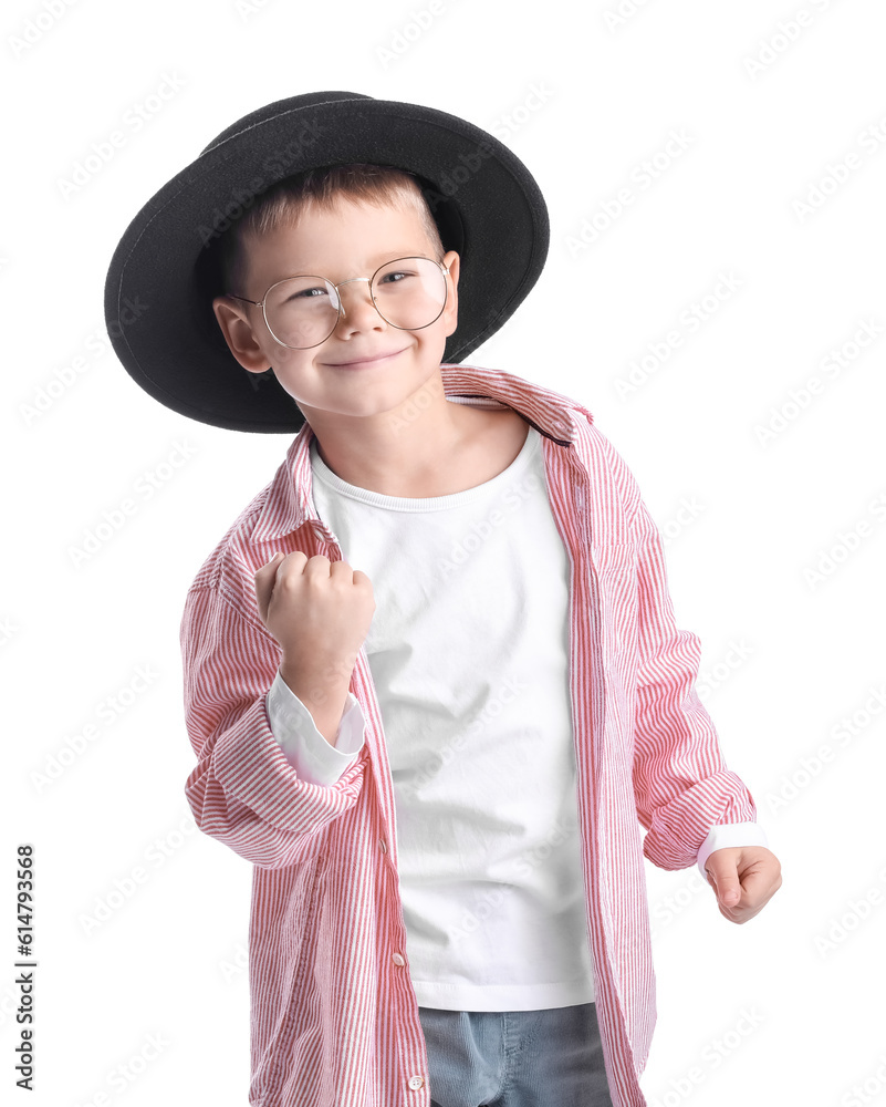 Happy little stylist on white background