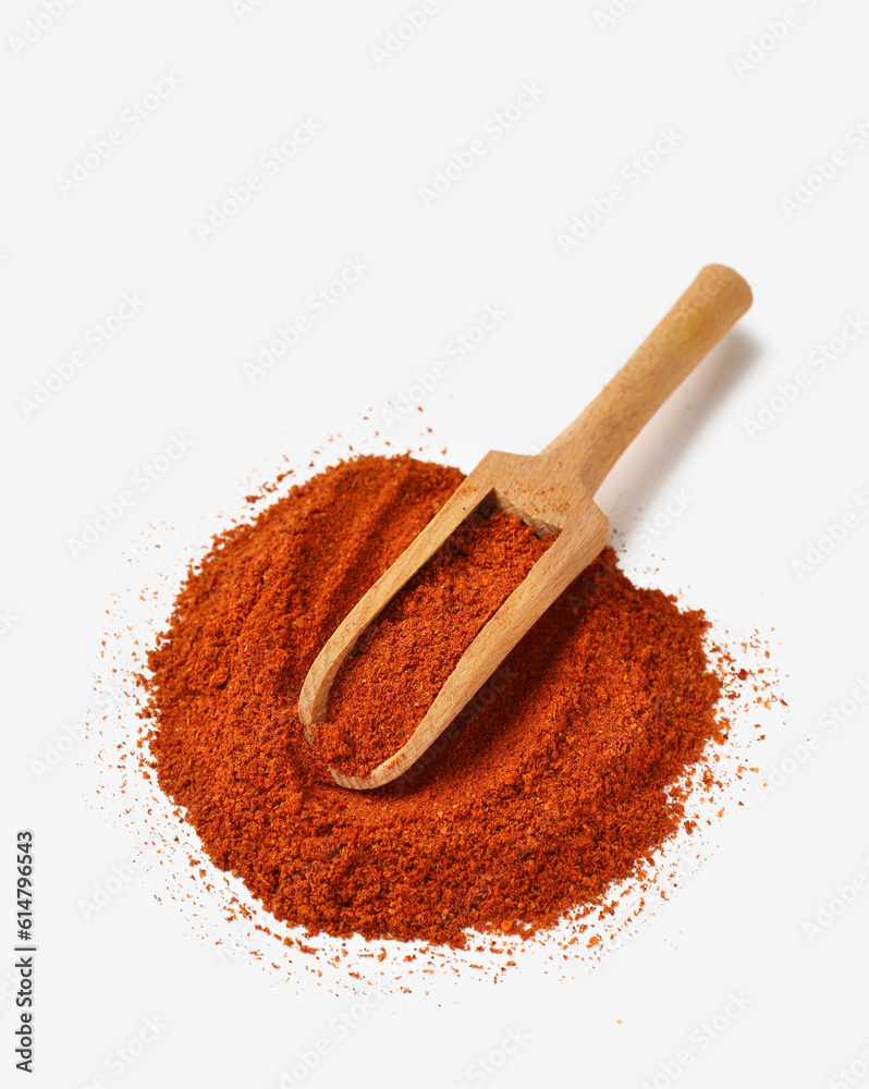 Wooden scoop with fresh spices on white background