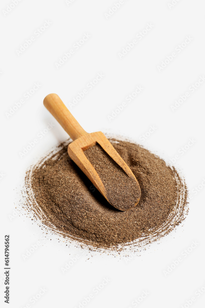 Wooden scoop with fresh spices on white background