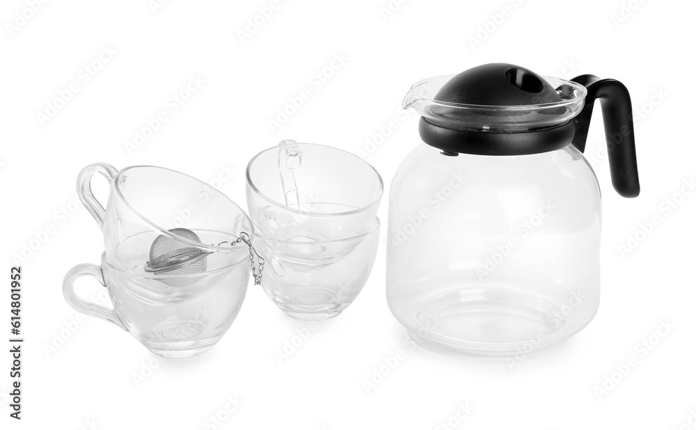 Teapot, cups and infuser isolated on white background