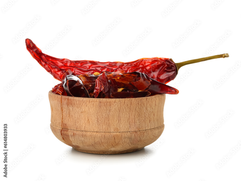 Wooden bowl with sliced chili peppers on white background