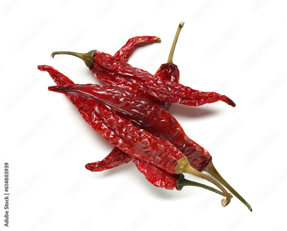 Dry hot chili peppers isolated on white background