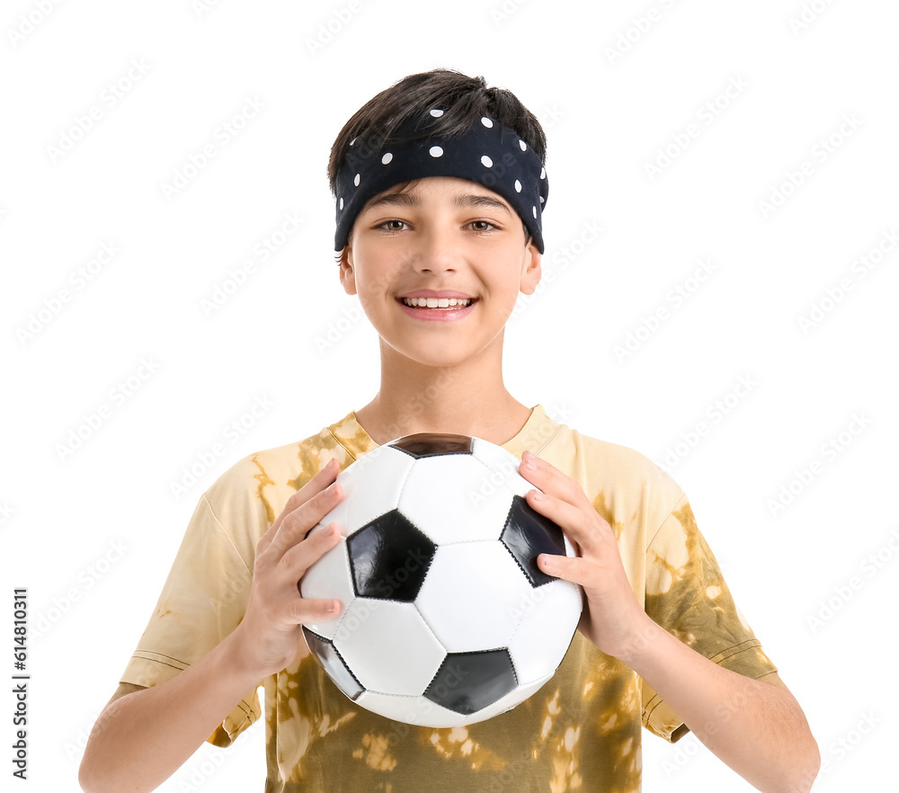 Little boy with soccer ball on white background