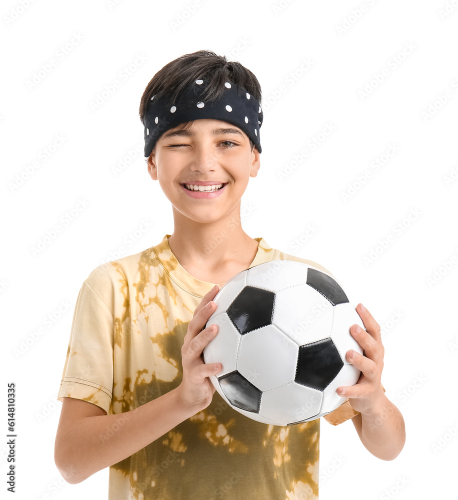 Little boy with soccer ball on white background