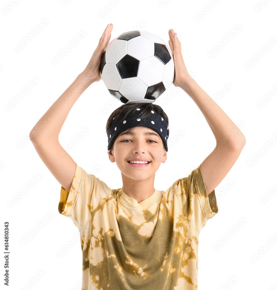 Little boy with soccer ball on white background