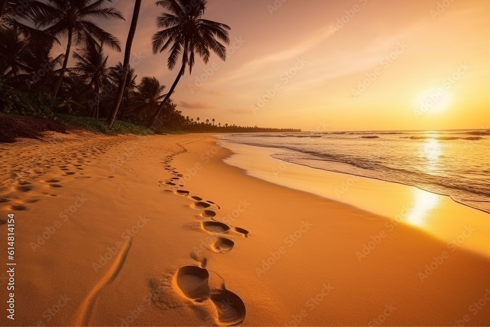 Footprints on the beach, Hammock Haven: A Captivating Photograph of a Sunny and Serene Tropical Beac