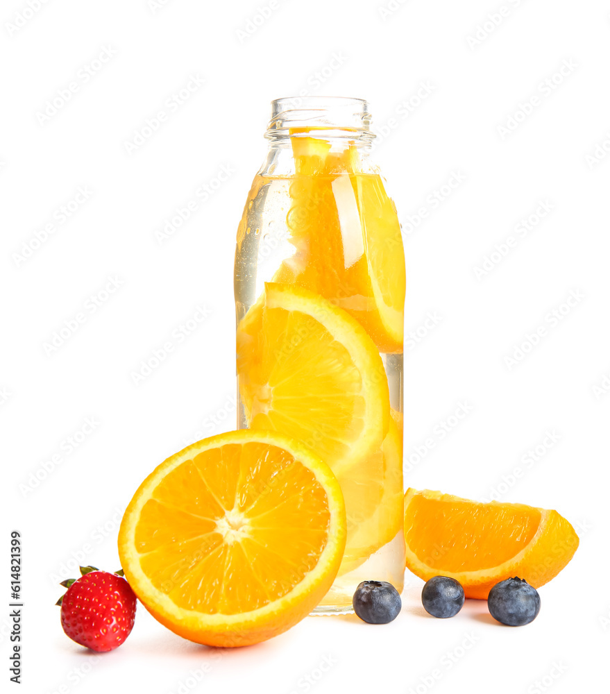 Bottle of infused water with orange slices on white background