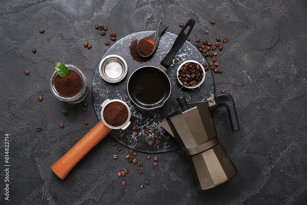 Cezve, geyser coffee maker, portafilter jar with powder and beans on black background