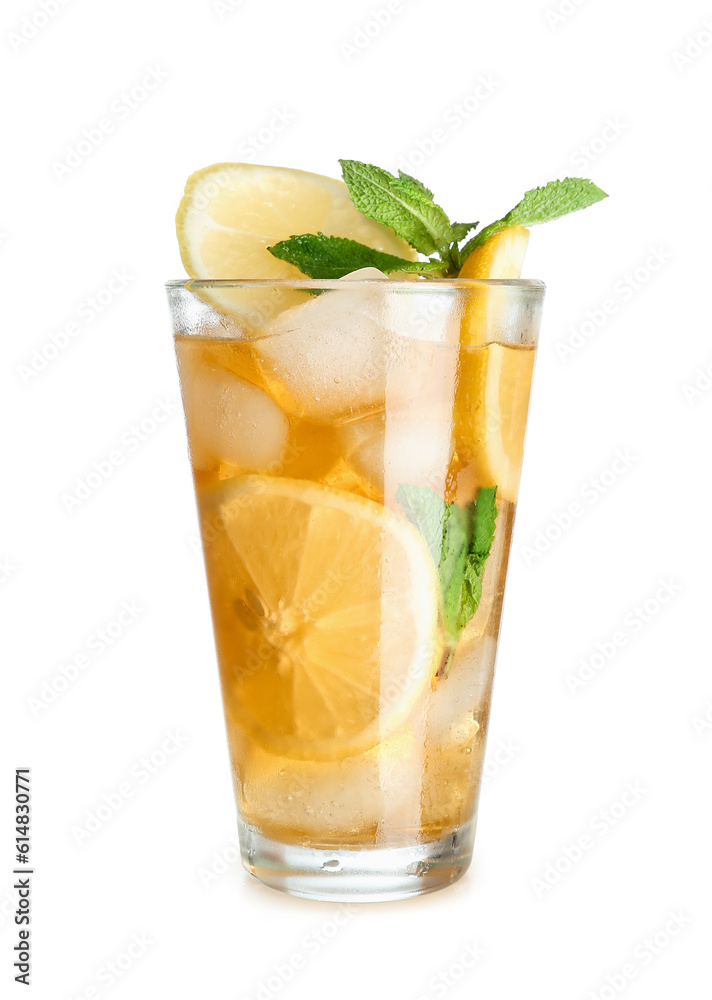 Glass of ice tea with lemon and mint on white background