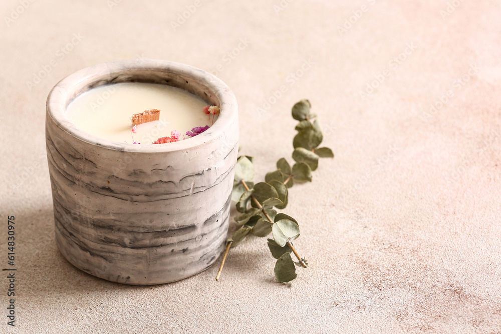 Holder with candle and eucalyptus on white background