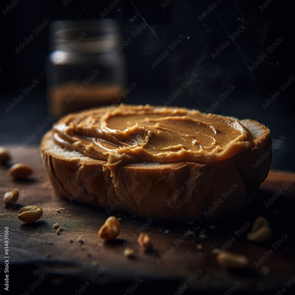 Toast with peanut butter on the table. Flat lay composition with peanut butter sandwich and peanut. 