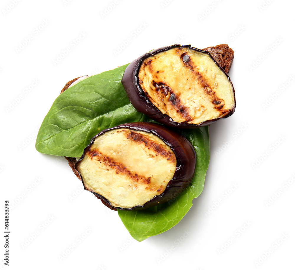 Toast with delicious grilled eggplants on white background, top view