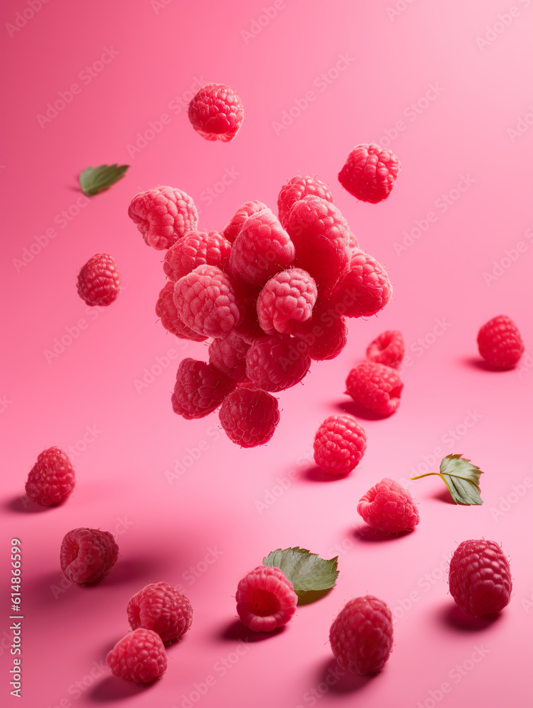 Falling raspberries isolated. Whole berries without leaves in the air. Raspberries fly dynamically o